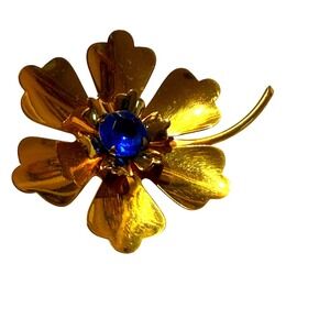 Vintage Gold Tone Flower Brooch Blue Rhinestone Pin Clover Leaf Stem